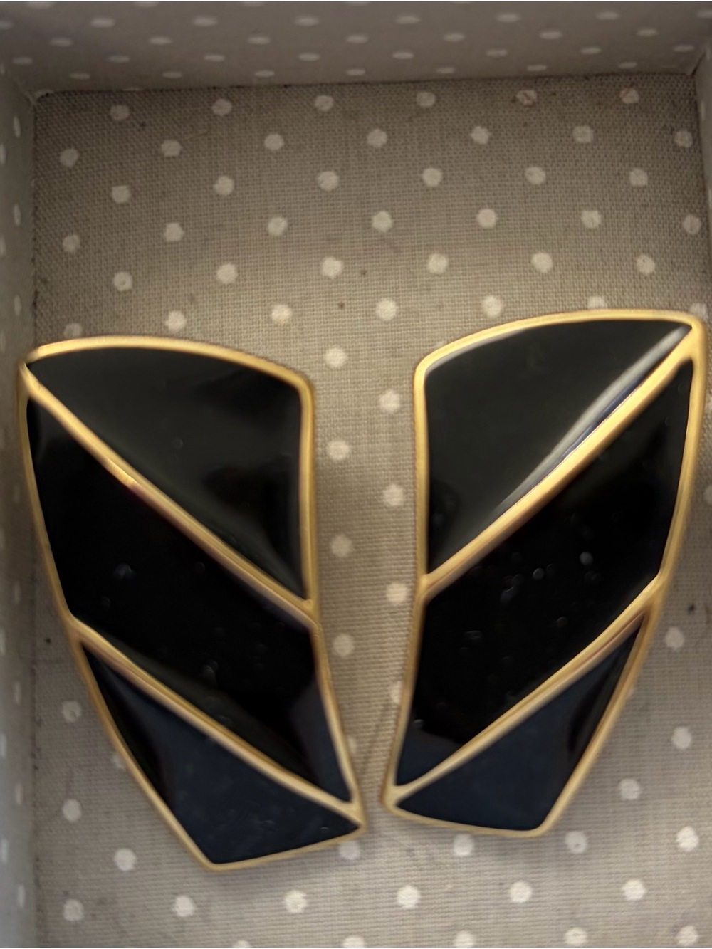 Vintage Trifari Black Enamel Gold Tone Geometric Clip-On Earrings